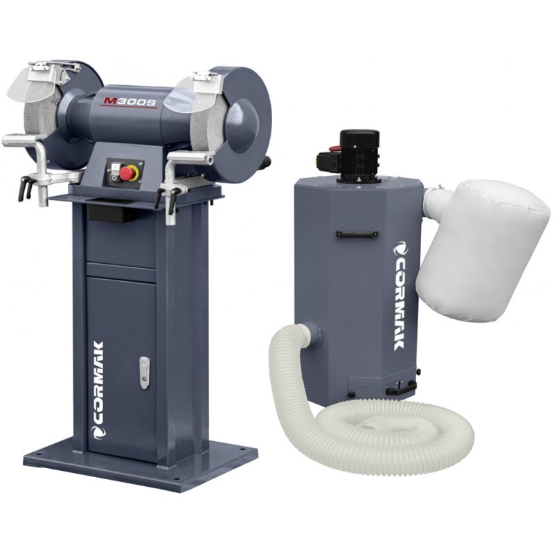 CORMAK M300S polizor industrial cu doua discuri, cu baza si extractie pentru aschii metalice, aschii MDC750 400V