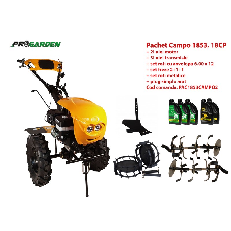 Pachet motocultor Campo 1853, benzina, EURO5, 18CP, 2+1 trepte, accesorii, ulei motor si transmisie incluse PROGARDEN - 1