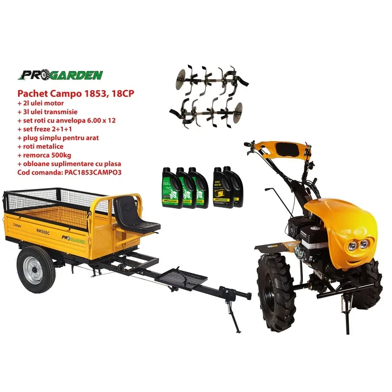 Pachet motocultor Campo 1853, benzina, EURO5, 18CP, 2+1 trepte, remorca 500kg, ulei motor si transmisie incluse PROGARDEN - 1