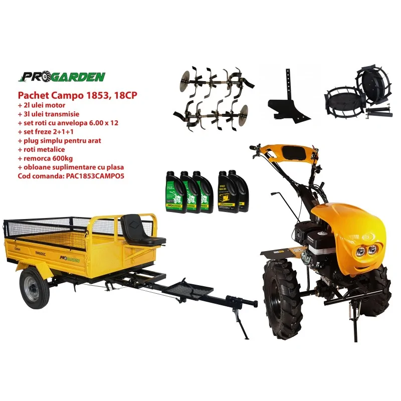 Pachet motocultor Campo 1853, benzina, EURO5, 18CP, 2+1 trepte, remorca 600kg, accesorii, ulei motor si transmisie incluse PROGA