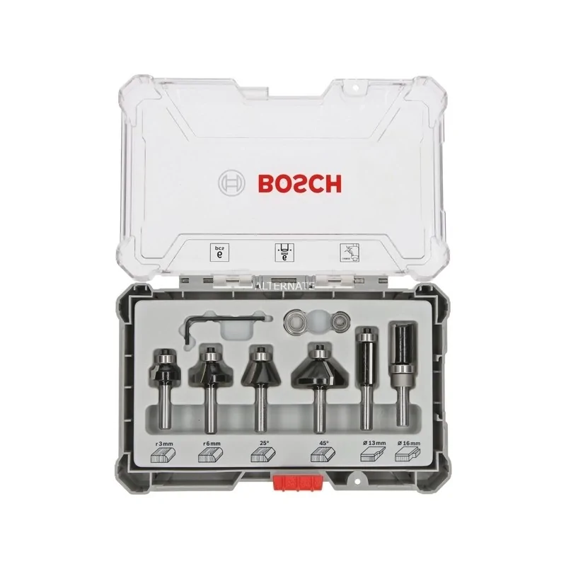 Set 6 freze de profilat canturi, frezare coplanară si refecare, tija 6 mm BOSCH - 1