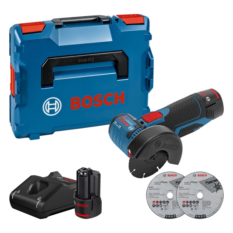 Bosch GWS 12V-76 Polizor unghiular brushless + 2xAcumulatori GBA Li-Ion, 3Ah + Incarcator GAL 12V-40 + L-Boxx + 3 x Discuri BOSC